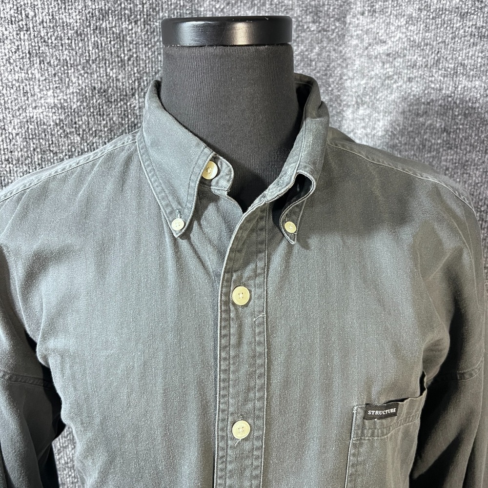 VTG 90s Structure Men's Large Dark Gray Long Sleeve 100%‎ Cotton Button-Up Shirt